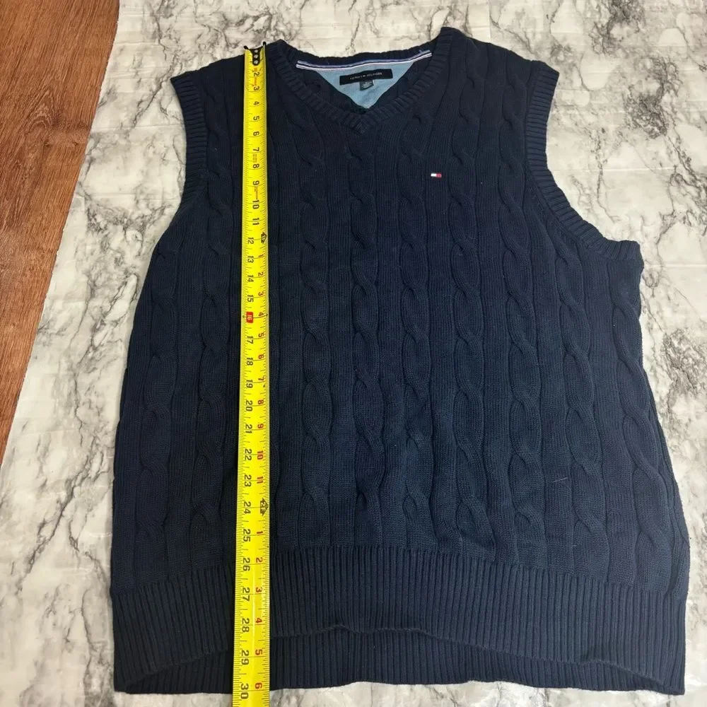 Tommy Hilfiger Knit sweater vest 100% Cotton v neck navy blue size XL preppy